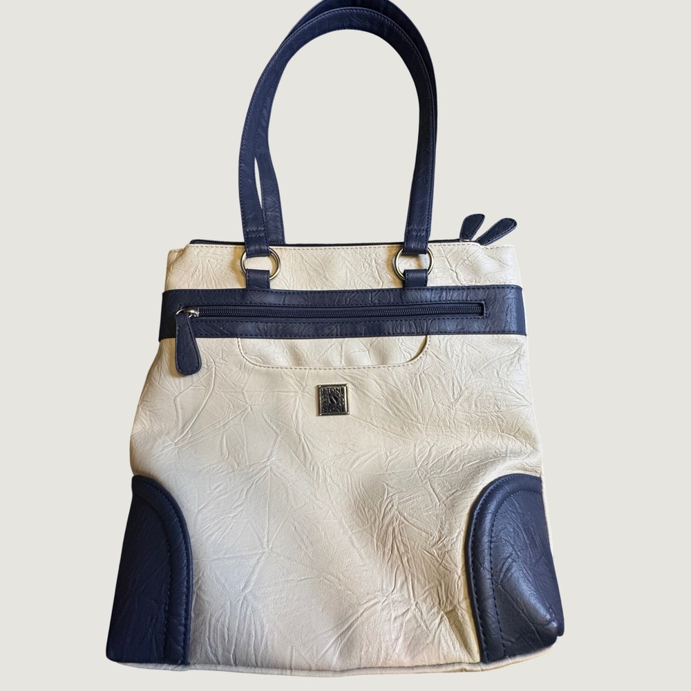 Stone & Co Womens Cream Navy Blue Textured Faux Leather Shoulder Bag Tote 68489